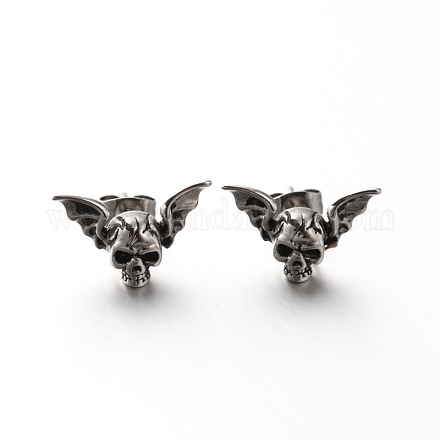 Retro 304 Stainless Steel Skull with Wing Ear Studs EJEW-P057-39-1