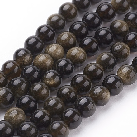 Natural Golden Sheen Obsidian Beads Strands G-C076-6mm-5-1