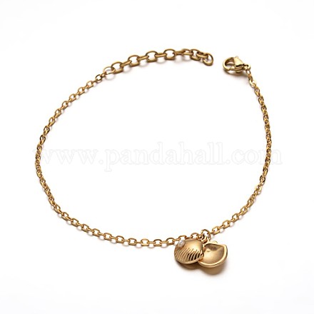 304 Stainless Steel Cable Chain Shell Charm Bracelets BJEW-L529-28G-1