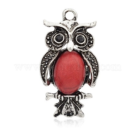 Antique Silver Plated Halloween Owl Alloy Dyed Synthetic Turquoise Pendants PALLOY-J652-02AS-1