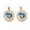 Brass Micro Pave Clear Cubic Zirconia Pendants for Women, Flat Round with Eye, with Resin, Real 18K Gold Plated, Light Sky Blue, 23.5x20x7~7.5mm, Hole: 3.5x5mm