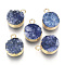 Natural Druzy Agate Pendants, with Real 18K Gold Plated Brass Finding, Long-Lasting Plated, Flat Round, Dyed, Steel Blue, 18~20x14x5~10mm, Hole: 2~3mm