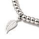 304 braccialetto con ciondoli a foglia in acciaio inossidabile con 201 perle tonde in acciaio inossidabile da donna BJEW-B057-18P-2