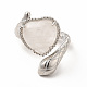 Natural Quartz Crystal Heart with Snake Open Cuff Ring RJEW-P082-02P-24-3