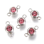 304 Stainless Steel Rhinestone Links Connectors, Flat Round, Stainless Steel Color, Rose, 12x6.5x4mm, Hole: 2mm