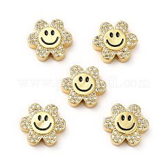 Abalorios de latón cubic zirconia chapado en rack, con esmalte, real 18k chapado en oro, Plateado de larga duración, sin plomo y cadmio, flor con cara sonriente, Claro, 13x14x5mm, agujero: 1.5 mm