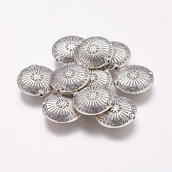 Aleación de estilo tibetano redondas plana tallada cuentas de ruedas, sin plomo y cadmio, plata antigua, 17.5x5mm, agujero: 1.5 mm, aproximamente 220 unidades / 1000 g