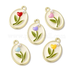 Gestell Legierung Emaille Anhänger, abs mit Imitationsperle, Cadmiumfrei und Nickel frei und Bleifrei, oval mit Blumenanhängern, golden, Mischfarbe, 20x13x3.5 mm, Bohrung: 1.8 mm