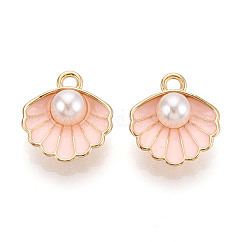 Aluminium Anhänger & Charms, mit abs plastikimitation perle & emaill, Muschel mit Perle, Licht Gold, neblige Rose, 16x15x7 mm, Bohrung: 1.5 mm