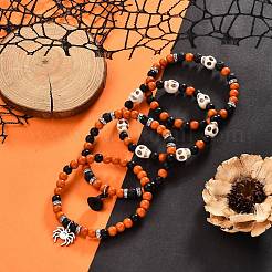 Set di 4 braccialetti elasticizzati con teschio misto pietre preziose tinte naturali e sintetiche tinte in stile 4 pz&nbsp;BJEW-JB09324