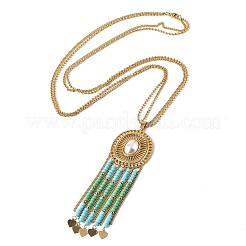 Collane con ciondolo ovale in acciaio inossidabile 304 e perle finte bohémien&nbsp;NJEW-Z061-10G-01