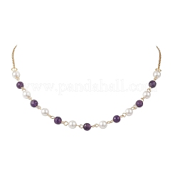 Colliers à maillons en perles de coquillage et perles rondes d'améthyste naturelle pour femmes&nbsp;NJEW-JN05635