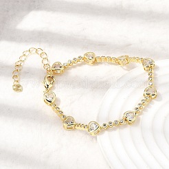 Pulseras de eslabones de latón con micro circonitas cúbicas en forma de corazón para mujer.&nbsp;BJEW-A164-01G-01