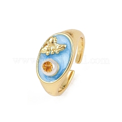 Bagues manchettes en laiton émaillé bleu ciel avec fleurs&nbsp;RJEW-C139-17B-G