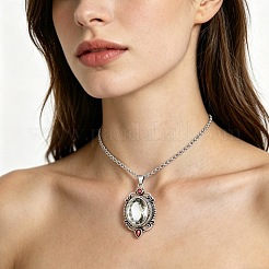 Collares con colgante ovalado hueco de vidrio de aleación para mujer&nbsp;WG278AD-01