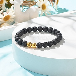 Bracelet extensible perlé rond en pierre de lave naturelle avec alliage&nbsp;BJEW-JB08009
