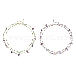 2 stücke 2 arten natürliche amethyst chip & glas & 304 edelstahl handgemachte link kette doppel schicht halsketten für frauen&nbsp;NJEW-JN05363