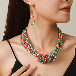 Ensemble de colliers multicouches en perles de verre de Noël et de boucles d'oreilles pendantes en forme de larme&nbsp;WG44FFB-03