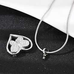 Urna per animali domestici con ciondolo a forma di cuore a farfalla in acciaio inossidabile 304 con micro pavé di zirconi cubici trasparenti&nbsp;NJEW-S455-10P