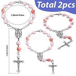 2 Stück Rosenkranz-Anhänger mit Jungfrauenkreuz aus Legierung und synthetischer Korallenrose zur Autodekoration&nbsp;HJEW-SC0003-43