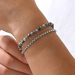 Braccialetti a un filo con perline rotonde in pietra naturale e catena a maglia quadrata in acciaio inossidabile 201 per uomo e donna&nbsp;EI8345-5
