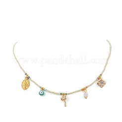 Vergine maria e albero e malocchio lega e collana pendente in ottone con catene di perline di semi di vetro per le donne&nbsp;NJEW-JN04289