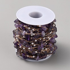 Scaglie di ametista naturale e catene di perline imitazione plastica ABS&nbsp;CHC-TAC0010-04