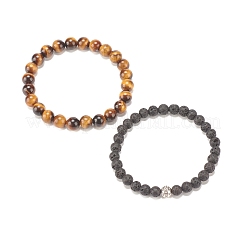 Ensemble de bracelets extensibles en pierre de lave et œil de tigre naturel 2pcs 2 styles&nbsp;BJEW-JB08193-04
