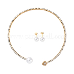 Orecchini rotondi in plastica con perle finte e set di collane girocollo con polsino a cuore in zirconia cubica e strass&nbsp;SJEW-U003-01G