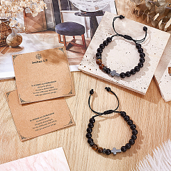 Bracelets réglables en perles rondes tressées en œil de tigre jaune naturel et obsidienne&nbsp;BJEW-WH0023-97