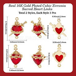 6 Stück 2 Stile Messing Feuerstein Zirkonia Rose Herz mit Schwert/Heiliges Herz von Jesus Verbinder Charms&nbsp;KK-BBC0020-10