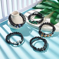 2 pièces 2 style bois naturel et synthétique hématite et malachite ensemble de bracelets extensibles perlés&nbsp;BJEW-JB07948-01