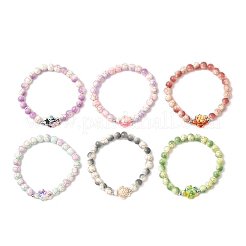 6 bracciale elastico con perline sintetiche rotonde e tartaruga color turchese&nbsp;BJEW-JB12340