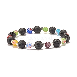 Bracciale elasticizzato in pietra lavica naturale e perle di vetro millefiori&nbsp;BJEW-JB07489