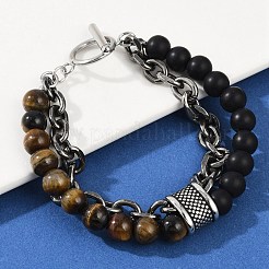 Bracelets en œil de tigre rond naturel et perles noires givrées&nbsp;BJEW-M081-01B