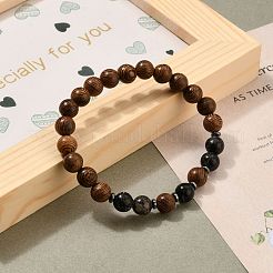 Bracelets extensibles en perles de bois naturel rond&nbsp;BJEW-JB05554-04