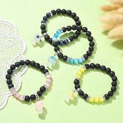 Bracciale elasticizzato con perline rotonde in pietra lavica naturale e occhio di gatto con ciondoli a forma di fungo in resina&nbsp;BJEW-JB09648