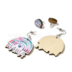 Ensemble de clous et boucles d'oreilles pendantes en bois sur le thème de la fête des mères avec mot « Mama »&nbsp;SJEW-K002-05