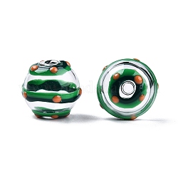 Transparente Glasemailperlen, rund mit Streifenmuster, grün, 13.5~15x14 mm, Bohrung: 2~2.5 mm