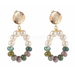 Boucles d'oreilles pendantes en agate indienne naturelle avec perles de verre, ovale, 45.5mm, pin: 0.8 mm