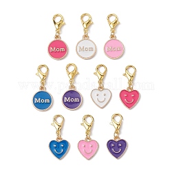 Mother's Day Heart/Flat Round with Word Mom Alloy Enamel Pendant Decorations, with Zinc Alloy Lobster Claw Clasps, Mixed Color, 26~27mm, 10pcs/set