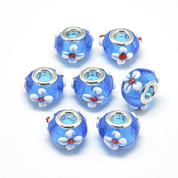 Perles européennes vernissées manuelles, lampwork bosselé, en laiton de platine noyaux doubles, Perles avec un grand trou   , Rondelle avec des fleurs, Dodger bleu, 16x14x10.5mm, Trou: 5mm
