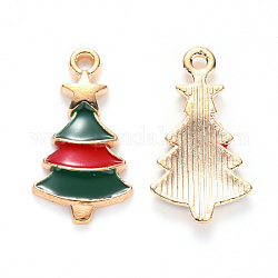 Pendentifs d'émail en alliage, pour noël, arbre de Noël avec étoile, or clair, rouge, vert foncé, 21x11x2mm, Trou: 1.5mm