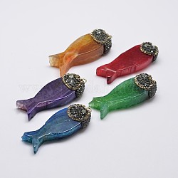 Natural Dyed Agate Fish Big Pendants, with Grade A Rhinestone, Golden, Mixed Color, 53~57x19~21x13~16mm, Hole: 3mm
