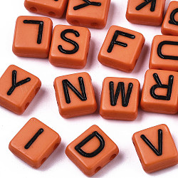Opaque Acrylic Multi-Strand Links, for Tile Elastic Bracelets Making, Rectangle with Black Letter, Mixed Letters, Coral, 8x8x4mm, Hole: 1.6mm, about 1509pcs/387g