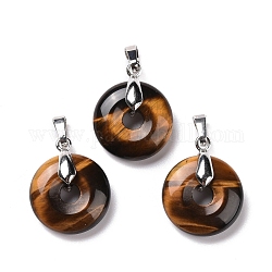 Natural Tiger Eye Pendants, with Platinum Tone Brass Findings, Cadmium Free & Lead Free, Donut/Pi Disc, 24~25x20x8.5mm, Hole: 8x5mm