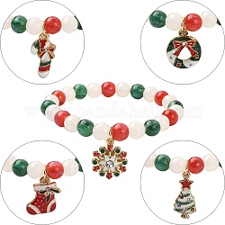 Эластичный браслет из смолы с круглыми бусинами и рождественскими подвесками из сплава эмали, разнообразные, внутренний диаметр: 2-1/8 дюйм (5.25 см)