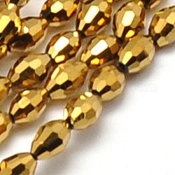 Abalorios de vidrio electroplate hebras, Llena de oro chapado, facetados, oval, oro, 6x4mm, agujero: 1 mm, aproximamente 65 pcs / cadena, 16 pulgada