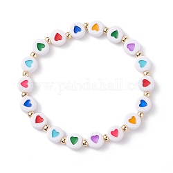 Bracciale elasticizzato con perline acriliche rotonde piatte con motivo a cuore per bambini, colorato, diametro interno: 1-3/4 pollice (4.4 cm)