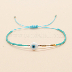 Bracelet réglable en perles tressées avec mot de passe mauvais œil, turquoise foncé, 11 pouce (28 cm)